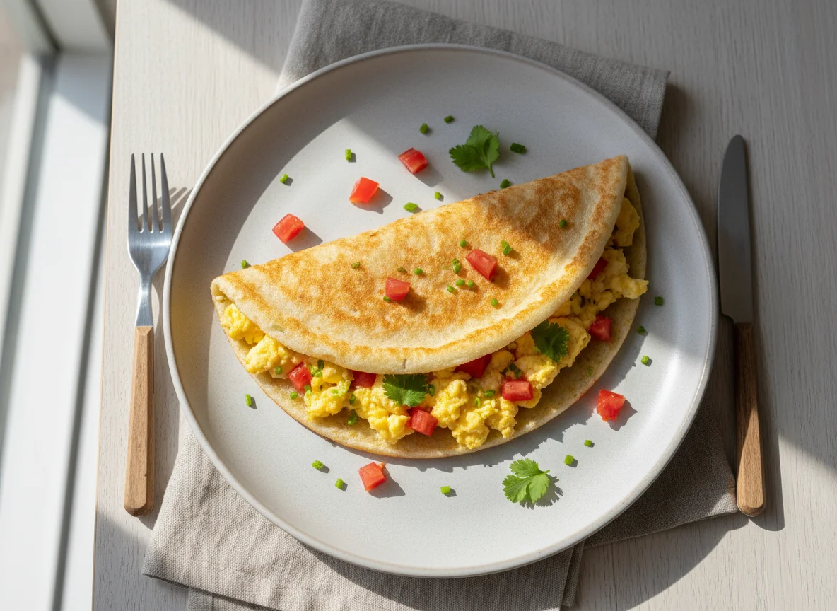 Tapioca com ovos mexidos e tomate photo