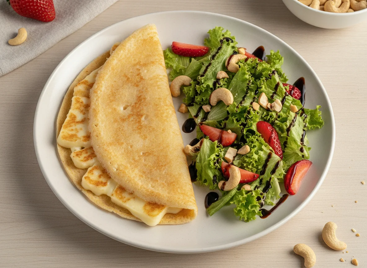 Tapioca com queijo coalho e salada de alface com morango photo