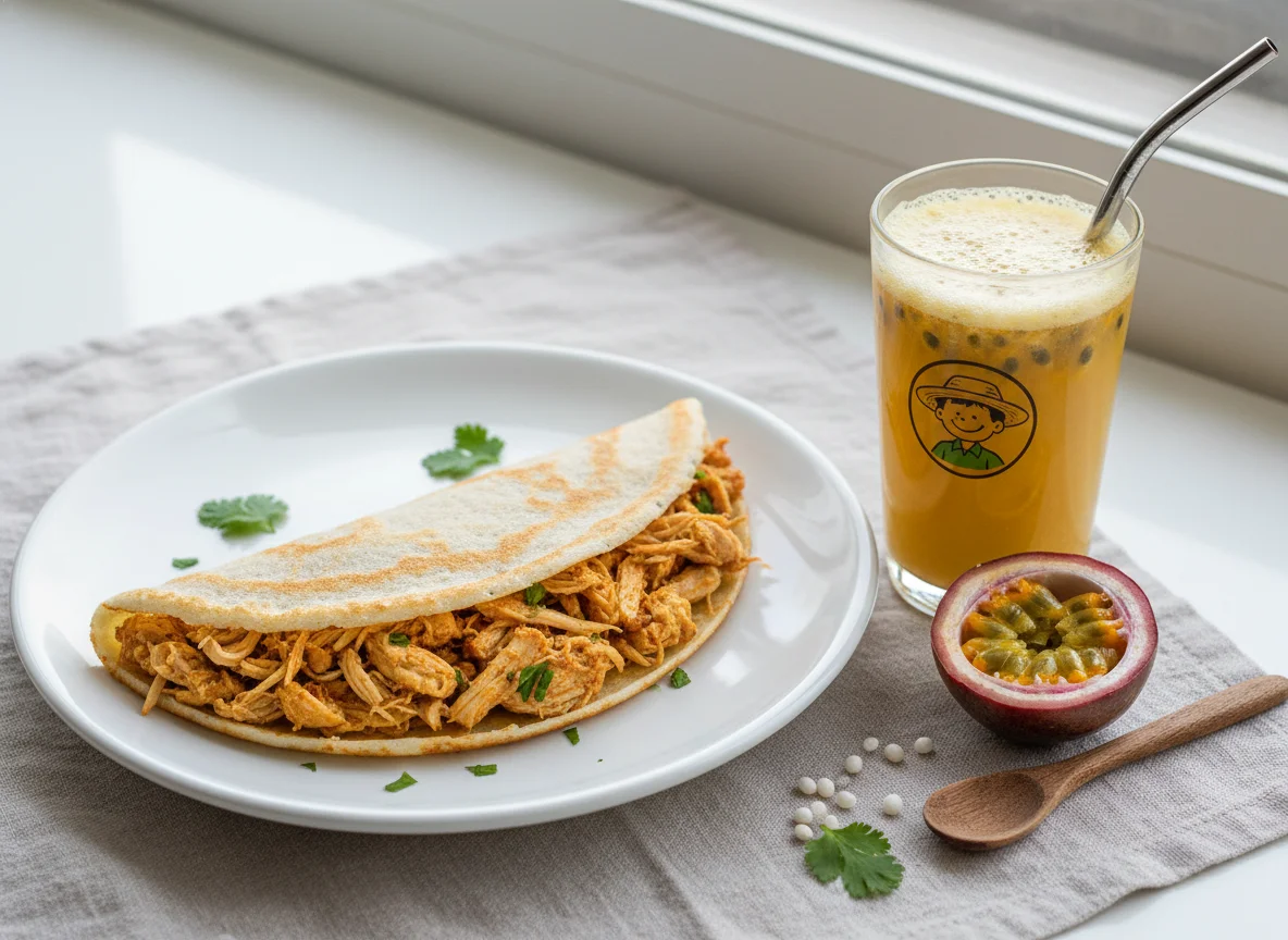 Tapioca de frango desfiado com suco de maracujá photo