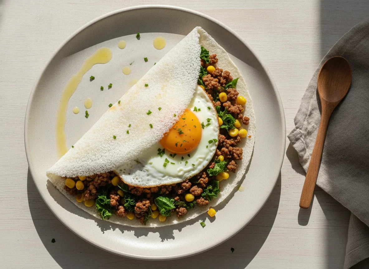 Tapioca recheada com carne moída e ovos photo