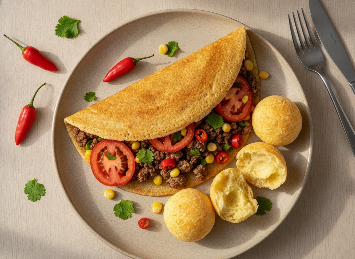 Tapioca recheada com carne moída e tomate acompanhada de pão de queijo photo