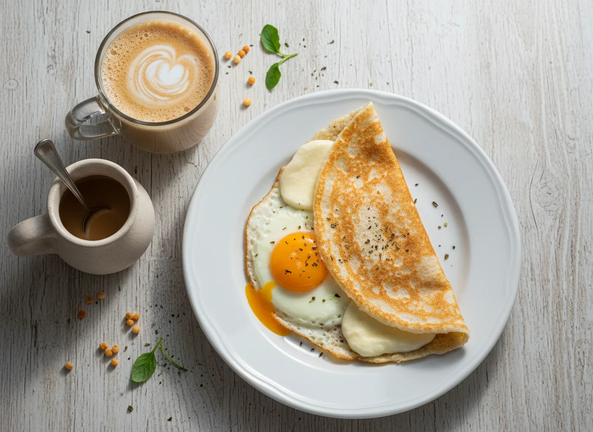 Tapioca recheada com ovo e queijo e café com leite photo
