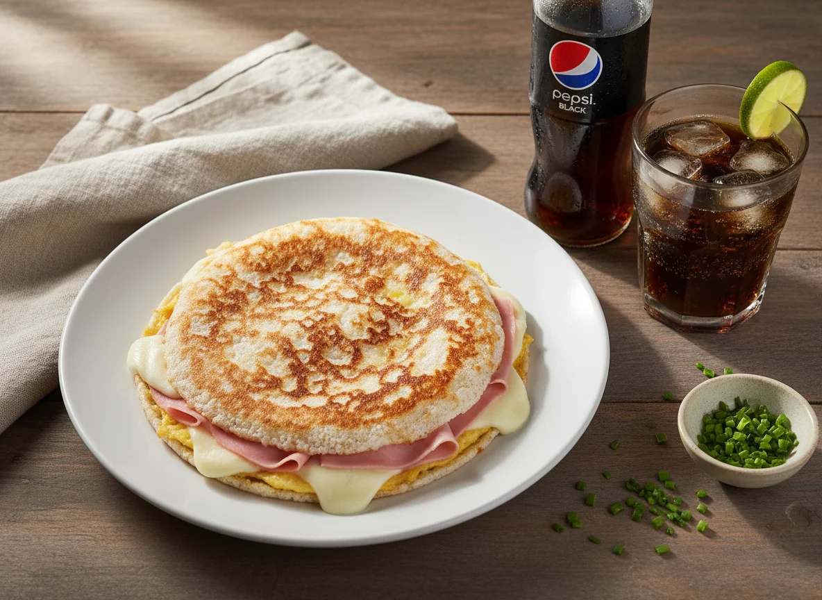 Tapioca recheada com queijo e presunto e Pepsi Black photo