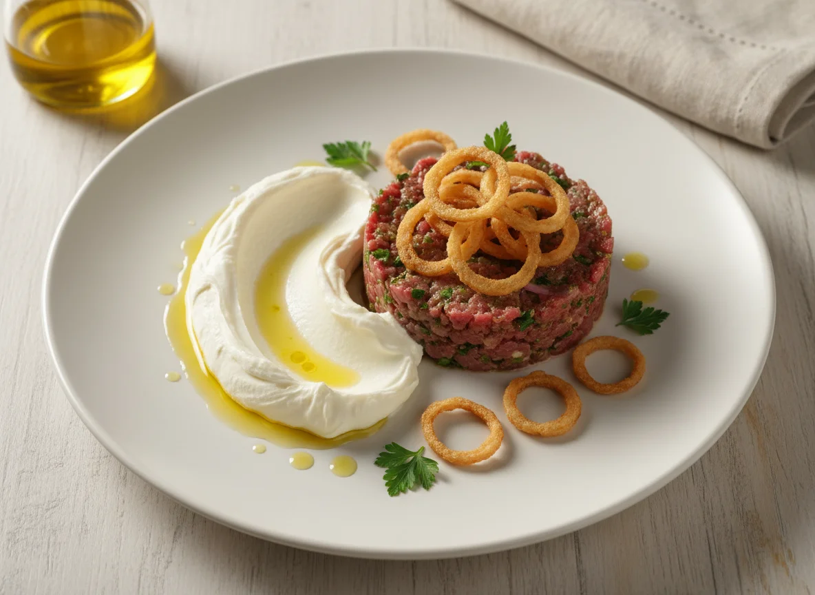 Tartare de Carne com Queijo Cremoso e Cebola Crocante photo