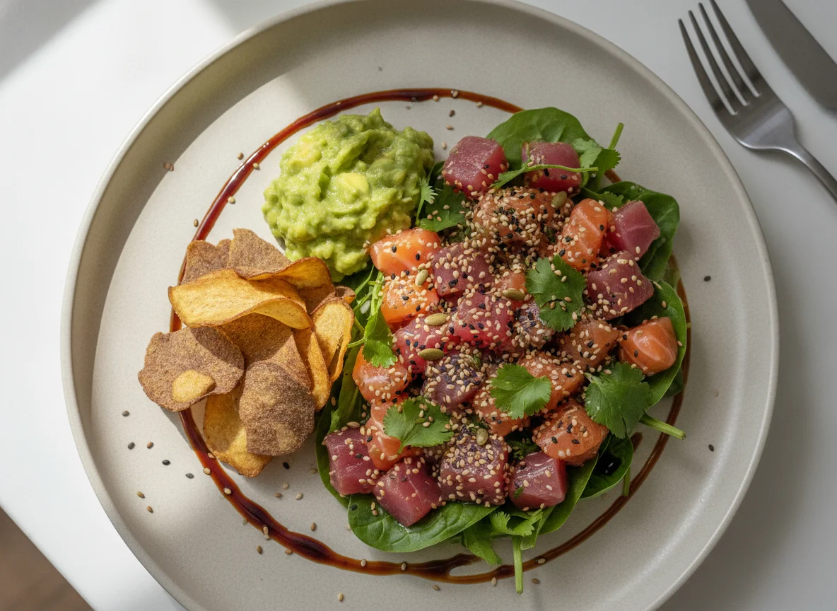 Tartare de Salmão e Atum com Chips de Mandioca photo