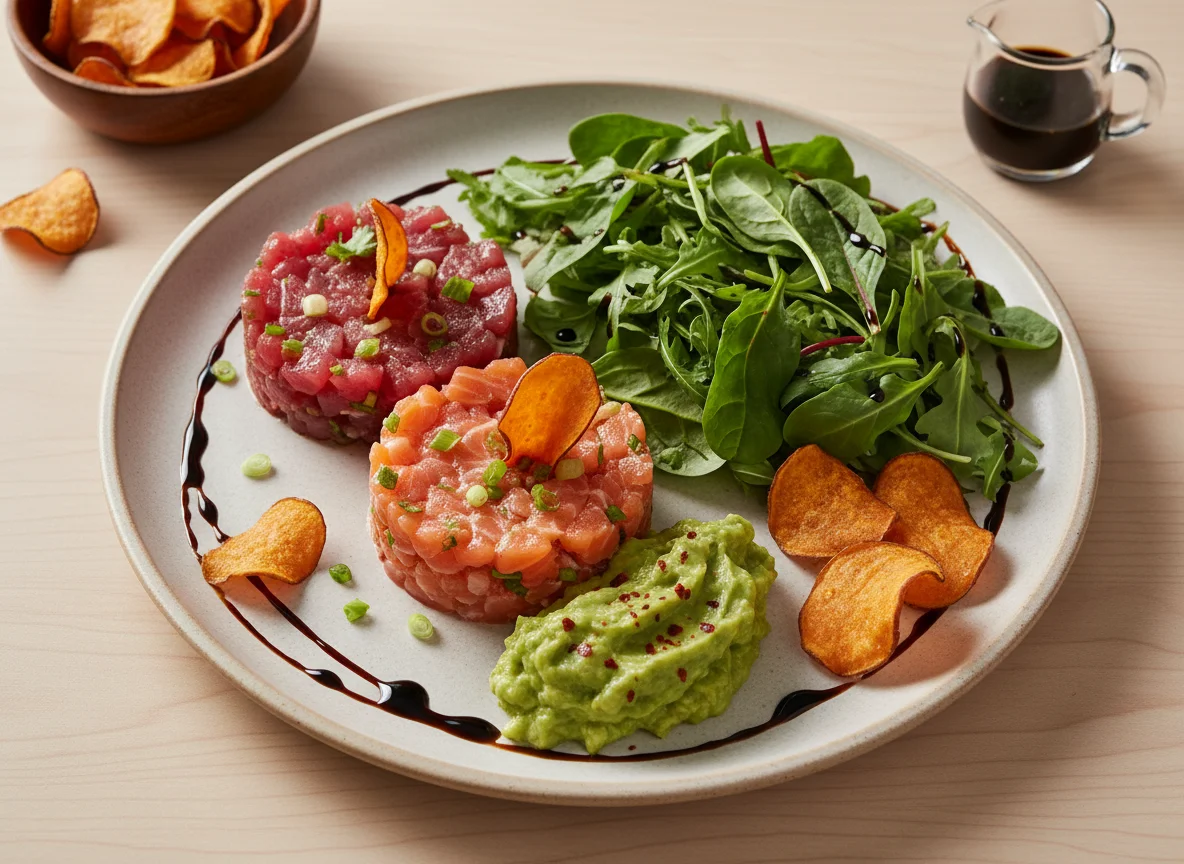 Tartare de Salmão e Atum com Salada e Chips de Batata Doce photo