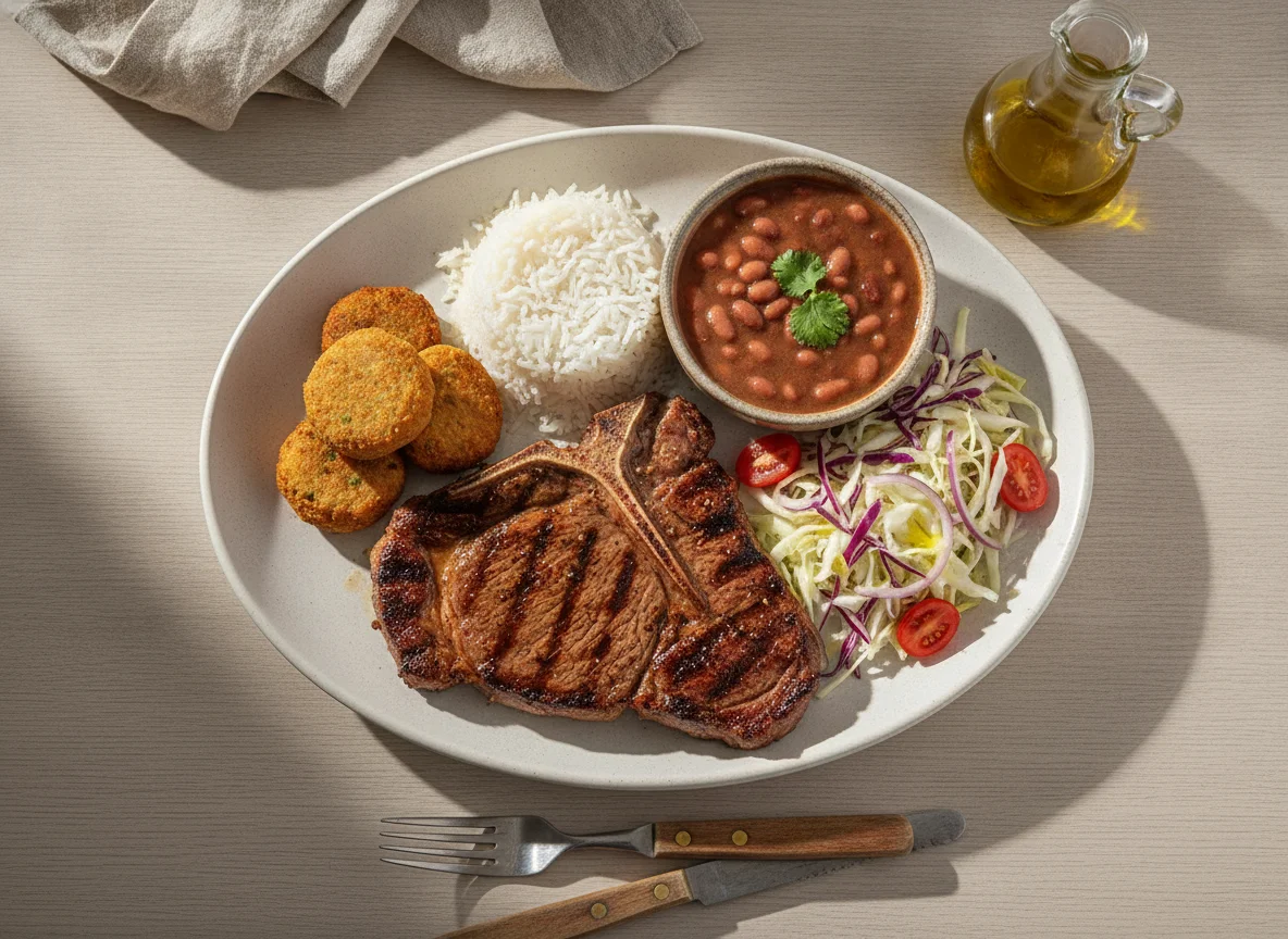 T-bone steak com arroz, feijão, salada e bolinhos fritos photo