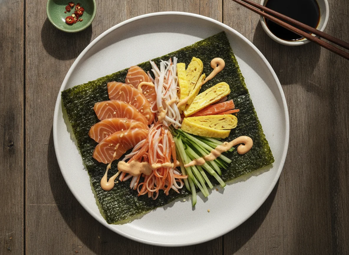 Temaki aberto de salmão e kani photo