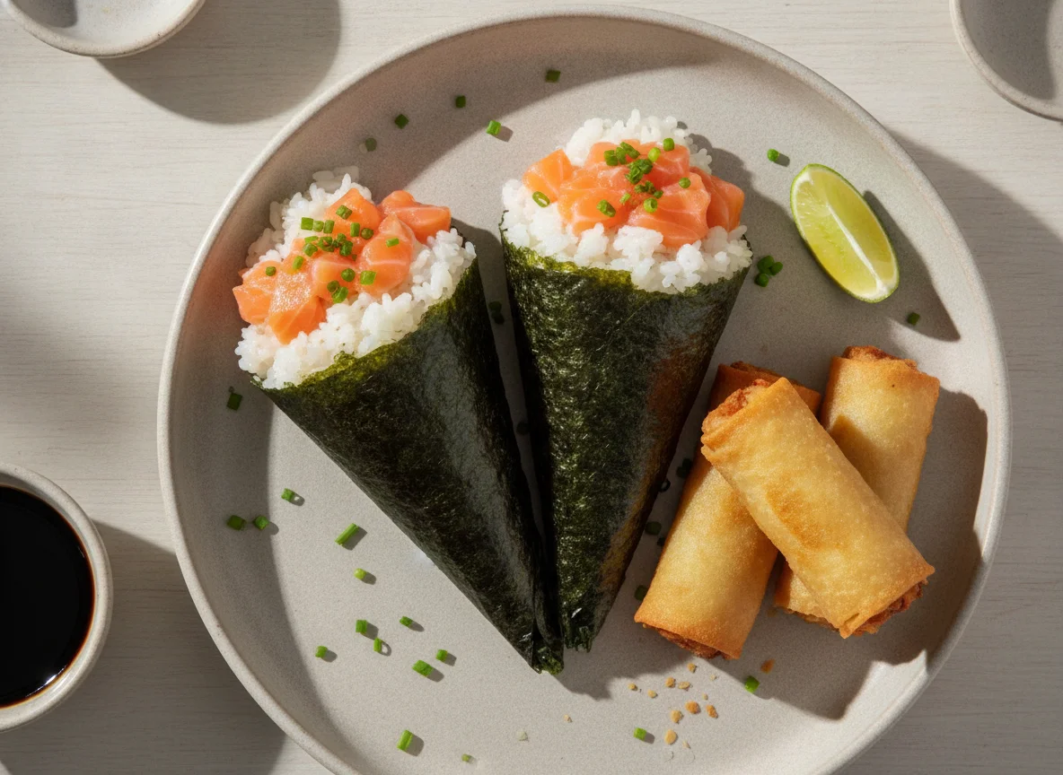 Temaki de Salmão e Harumaki de Camarão photo