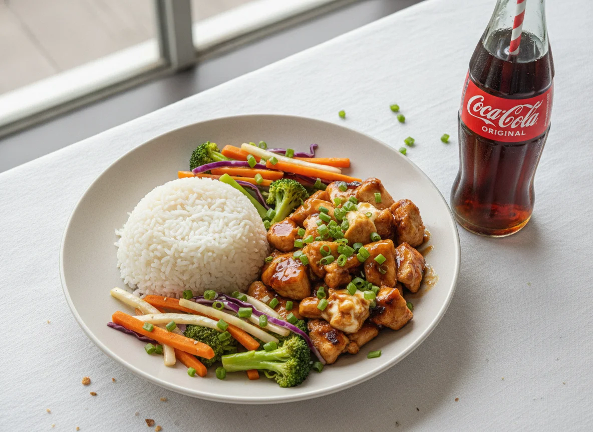 Teppan de Frango Teriaki com Arroz, Legumes e Coca-Cola photo