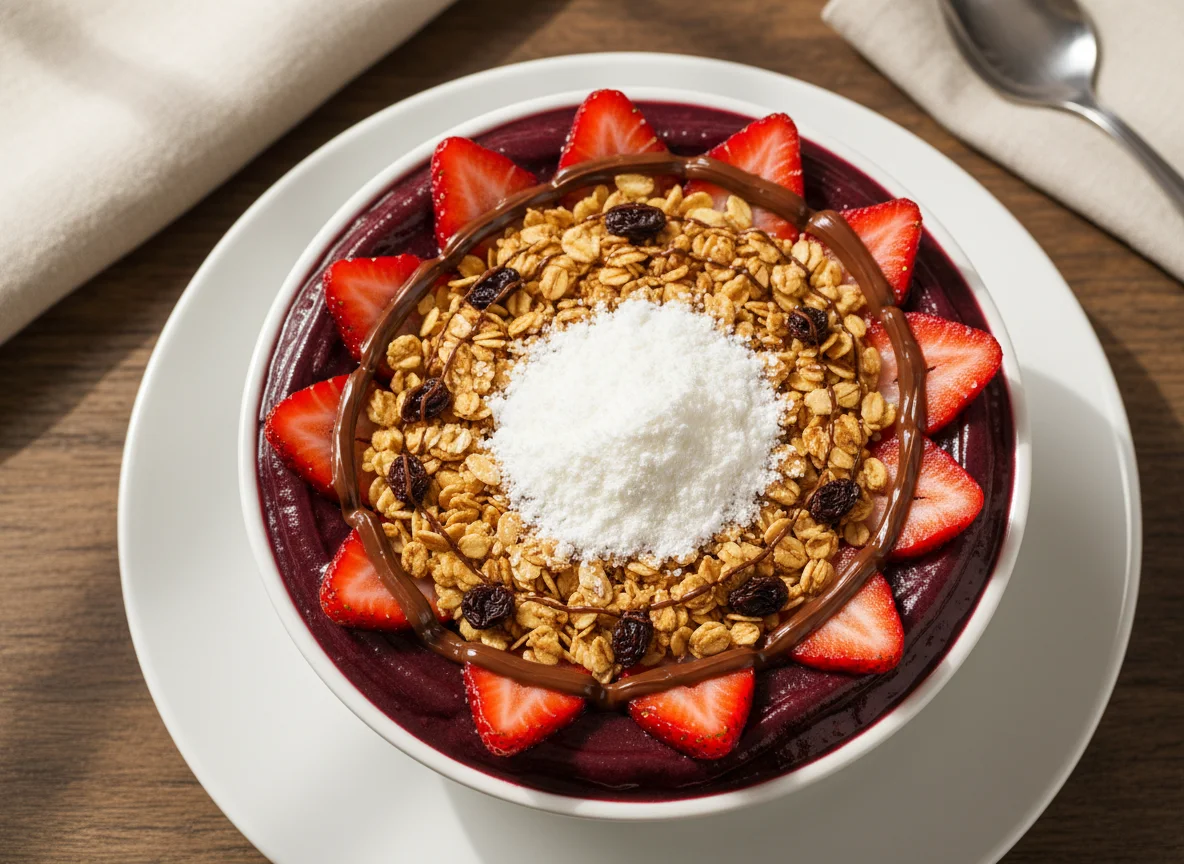 Tigela de Açaí com Morangos, Granola e Leite em Pó photo