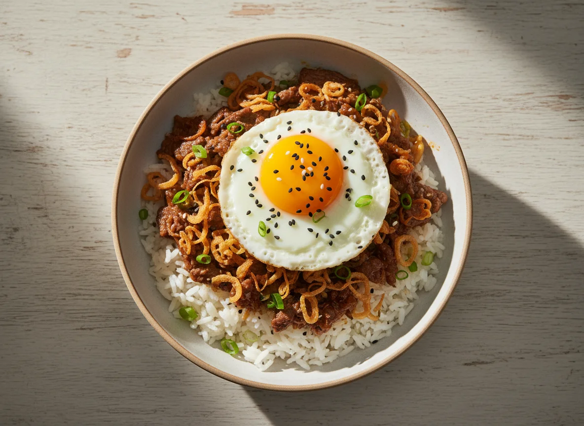 Tigela de Arroz com Carne e Ovo Frito photo