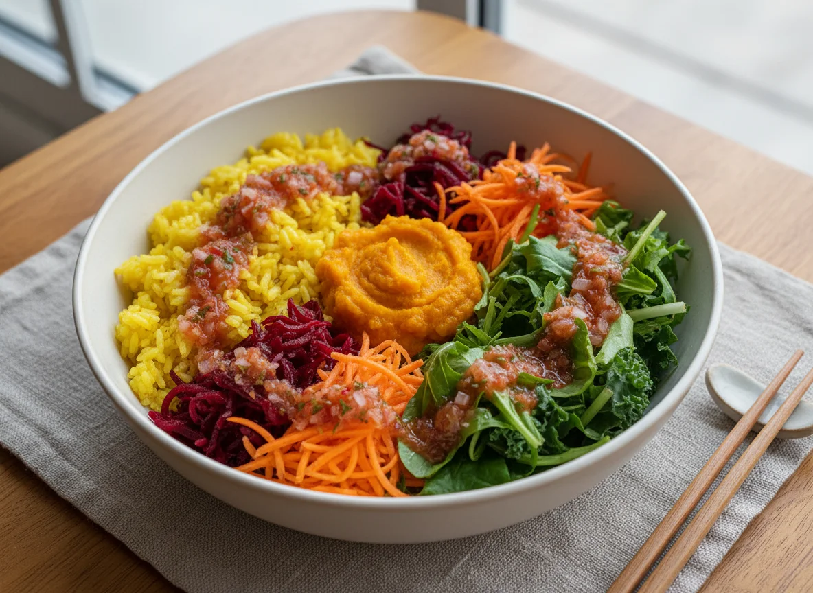 Tigela de arroz com legumes e salada photo