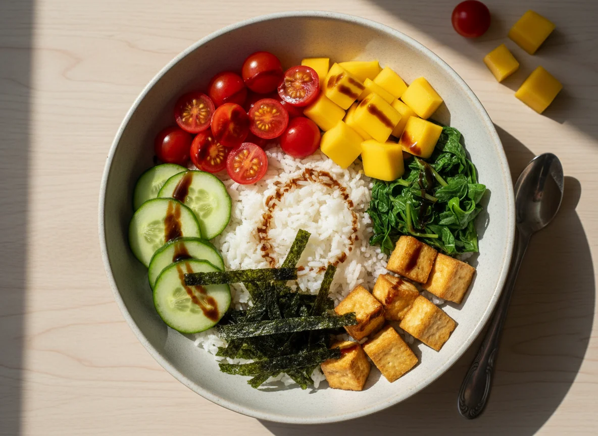Tigela de arroz com vegetais e nori photo