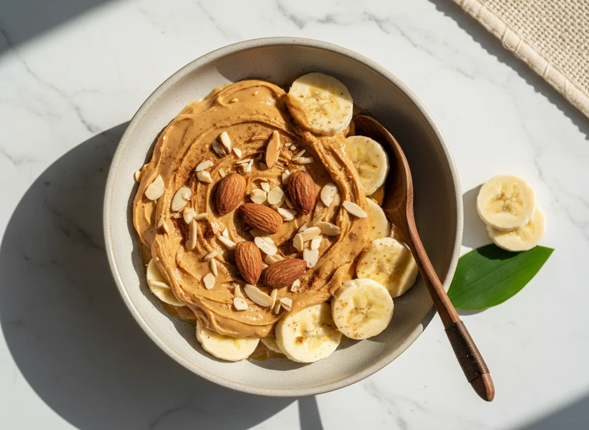 Tigela de banana, amêndoas e pasta de amendoim photo