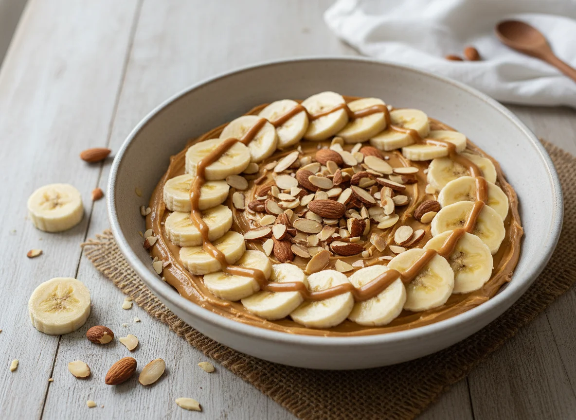 Tigela de banana com amêndoas e pasta de amendoim photo