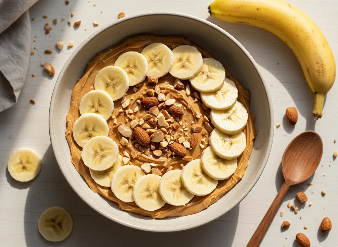 Tigela de banana com pasta de amendoim e amêndoas photo
