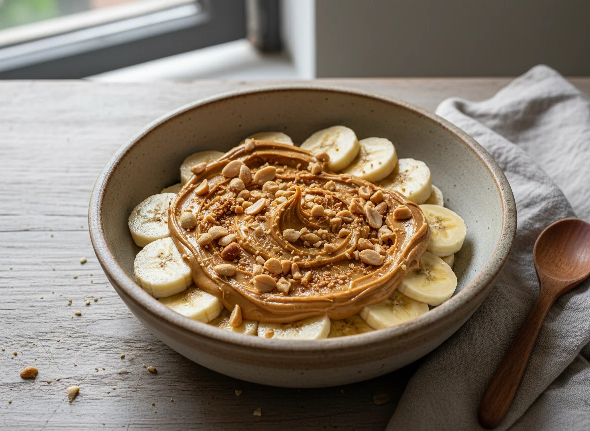Tigela de banana com pasta de amendoim e amendoins photo