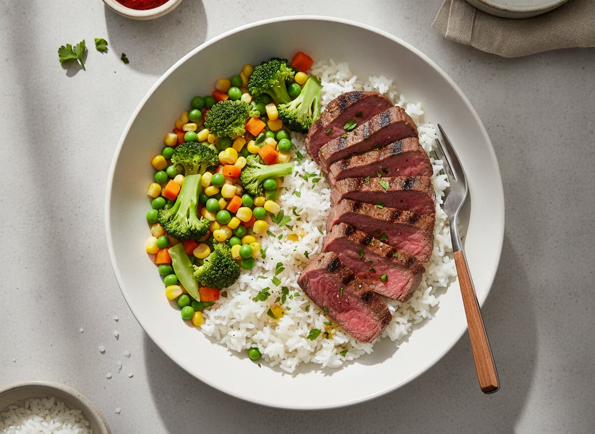 Tigela de carne de vaca com arroz e vegetais photo