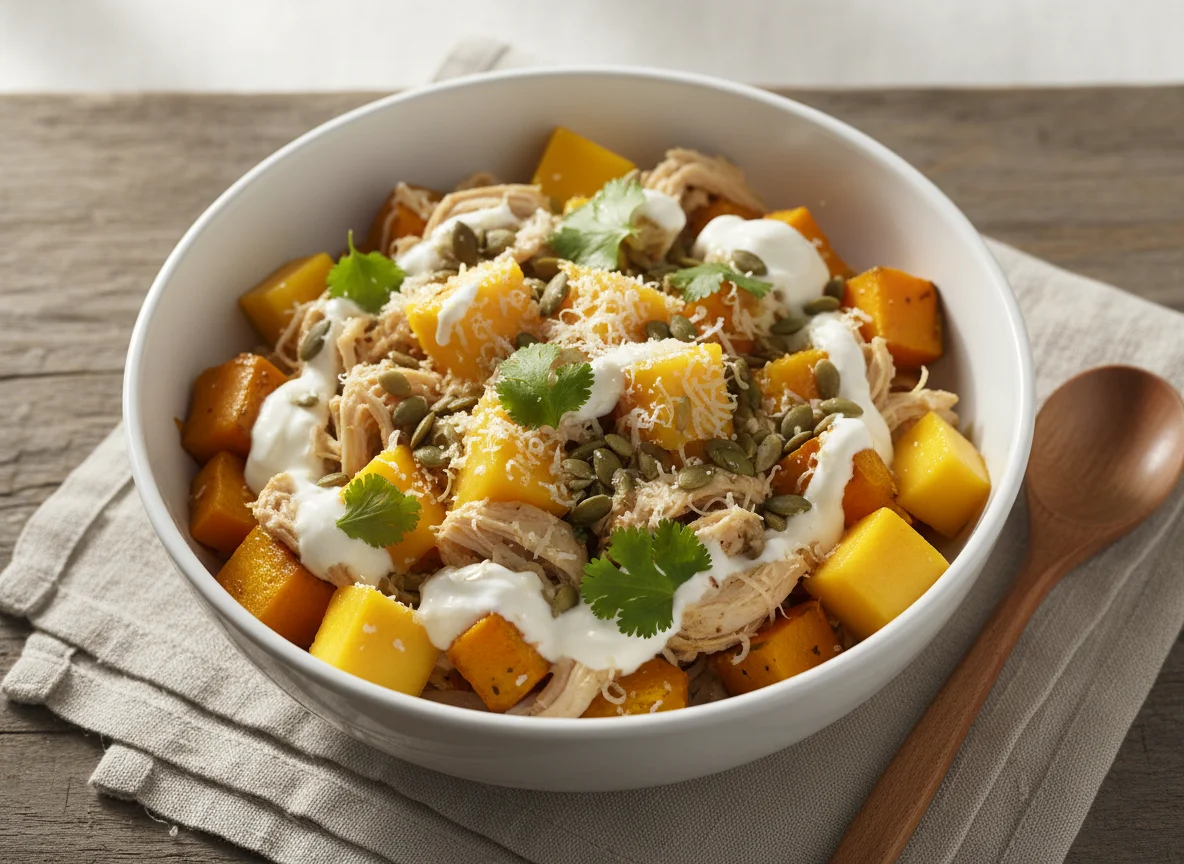 Tigela de frango com abóbora e manga photo