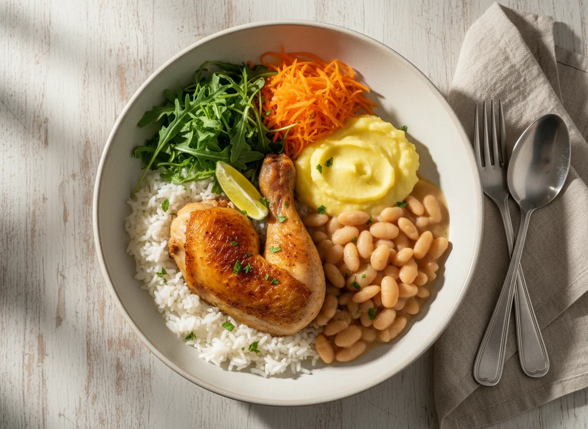 Tigela de frango com arroz e feijão photo