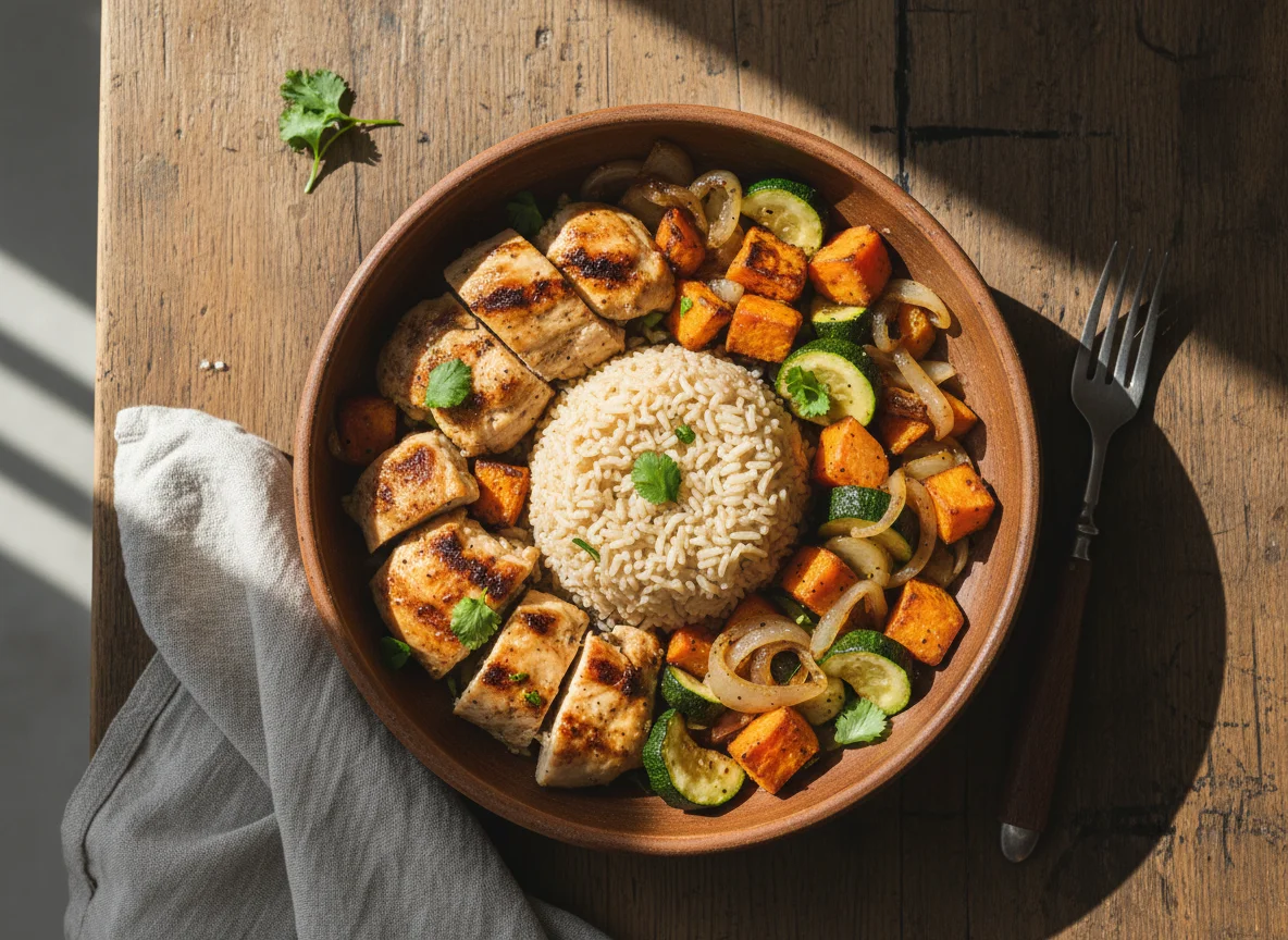 Tigela de frango com arroz integral e legumes photo