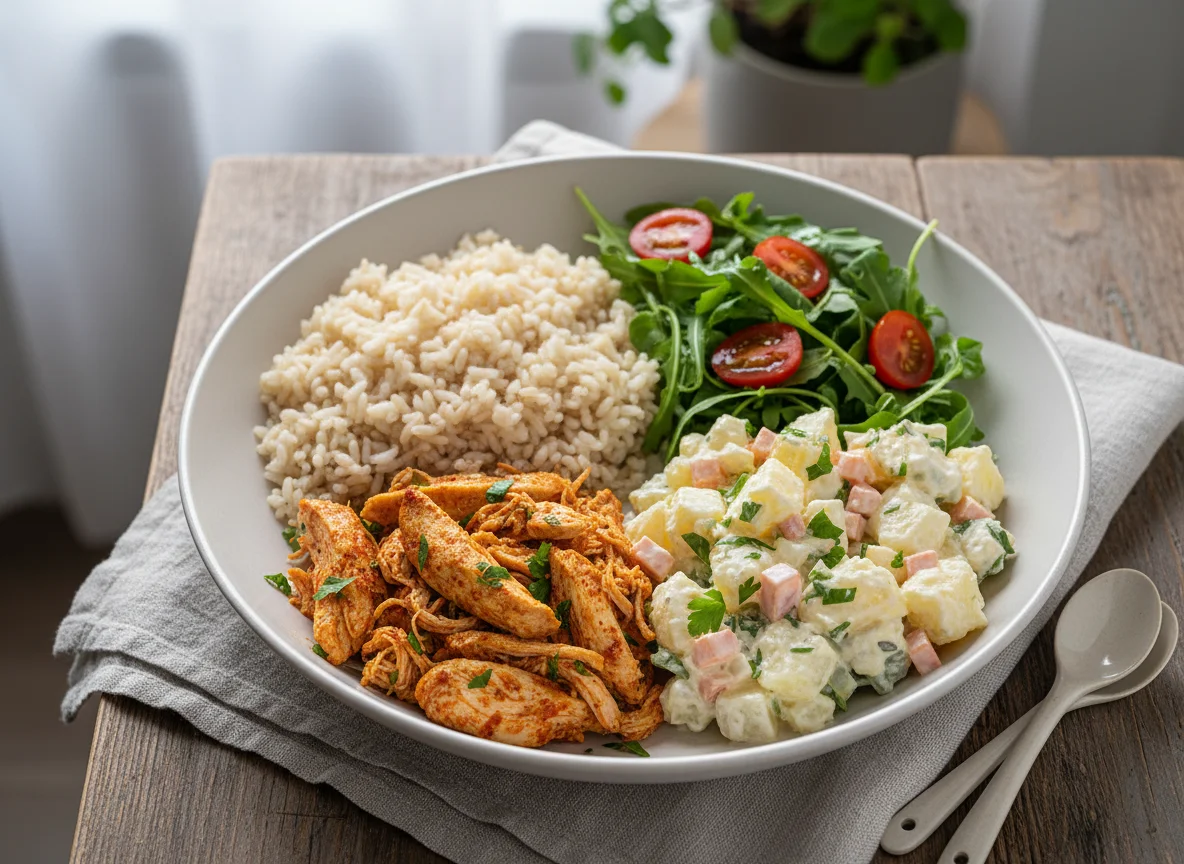 Tigela de frango com arroz integral e salada photo