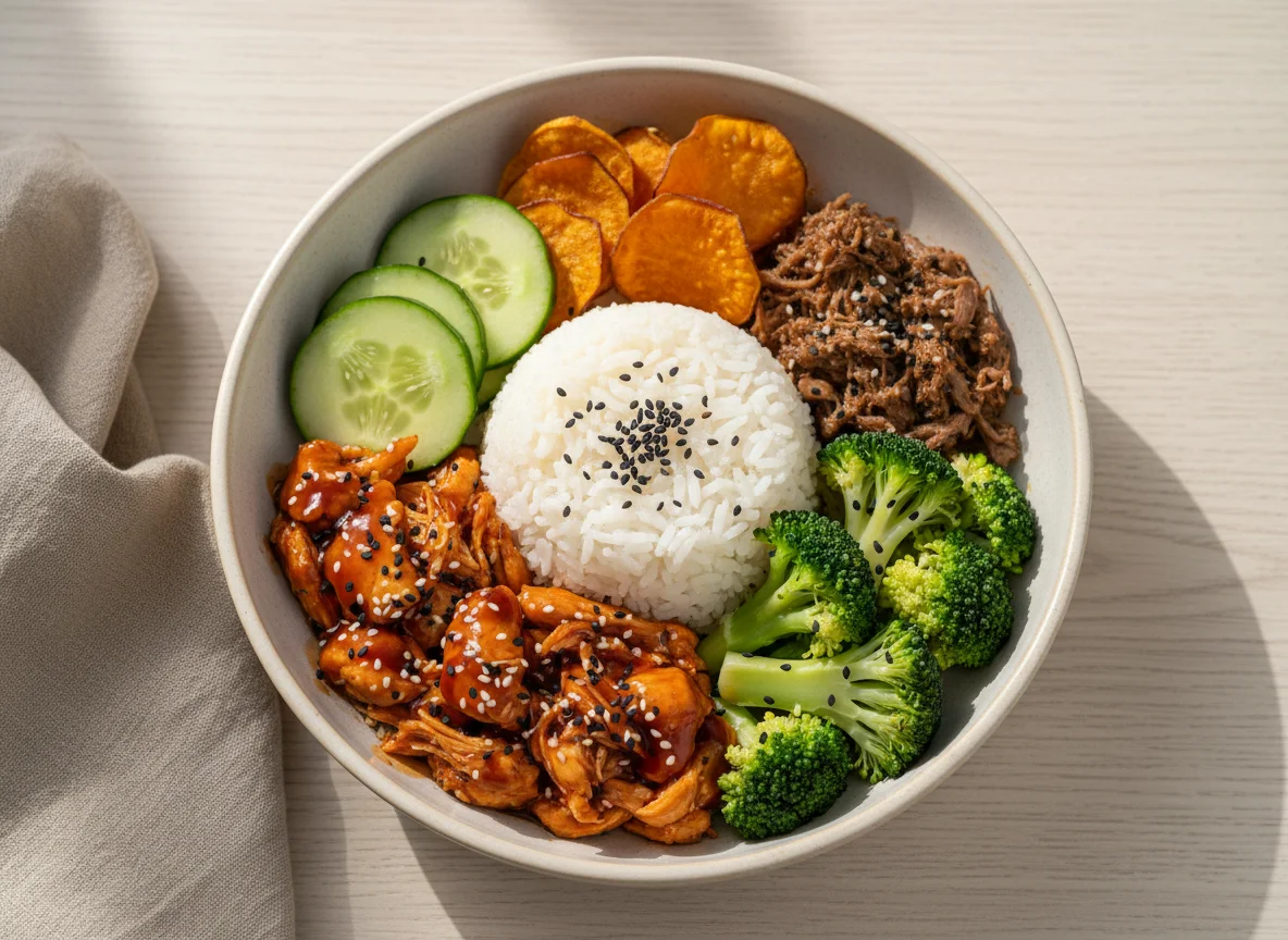 Tigela de frango com brócolis e arroz photo