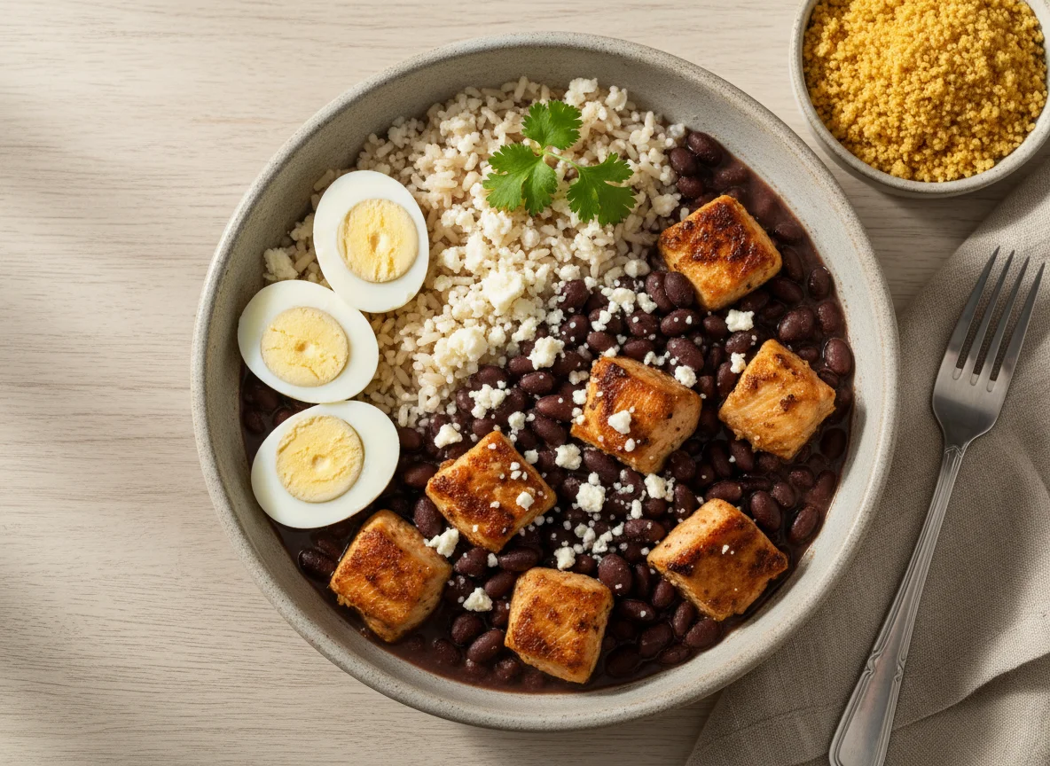 Tigela de frango com feijão, arroz e ovos photo
