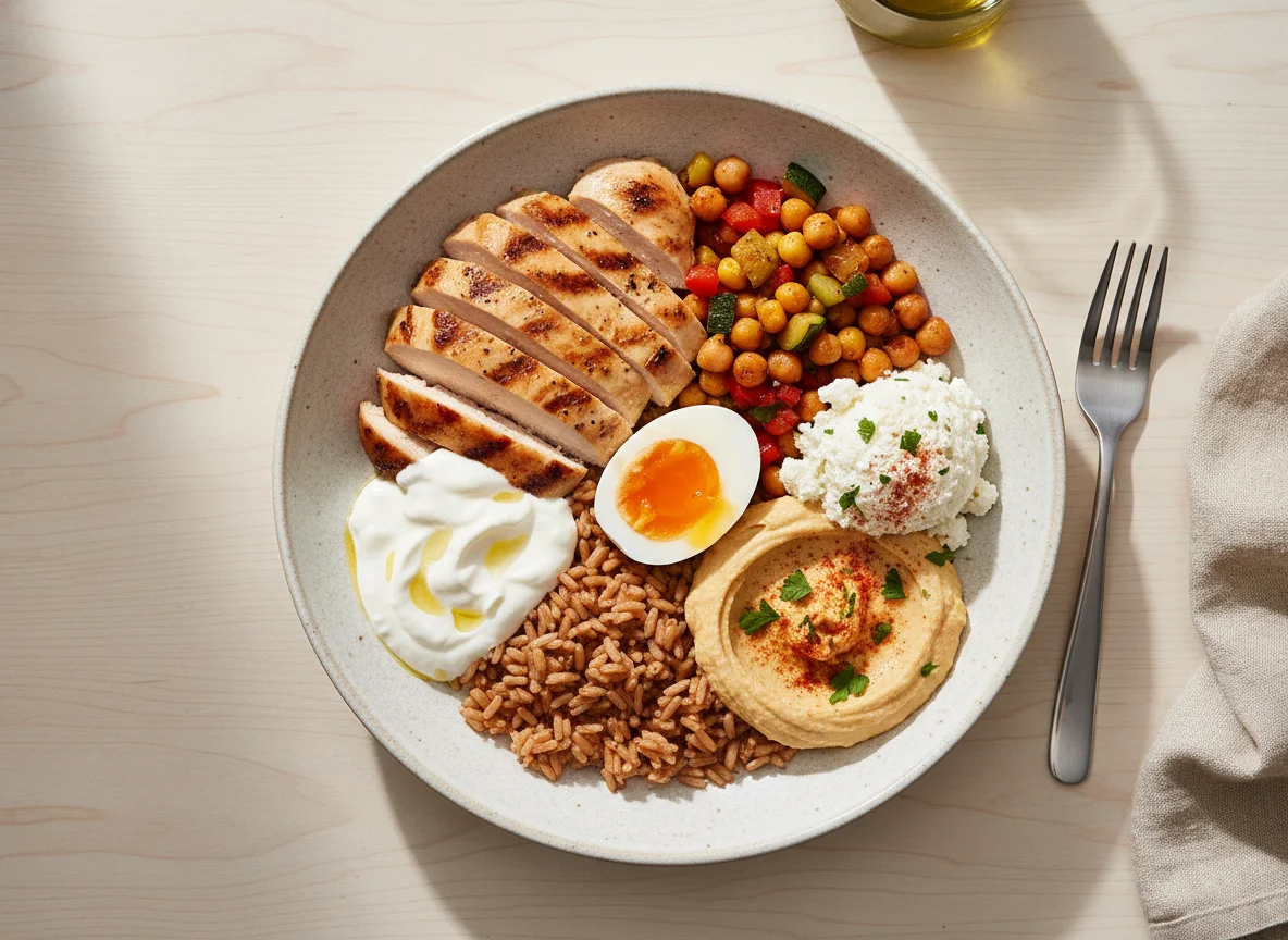 Tigela de frango com grão de bico e ovos photo