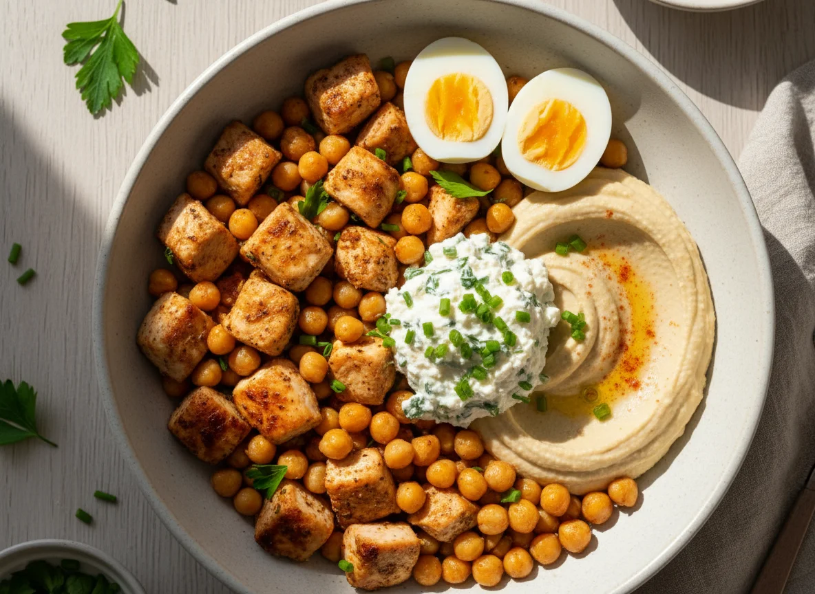 Tigela de frango com grão de bico e queijo photo