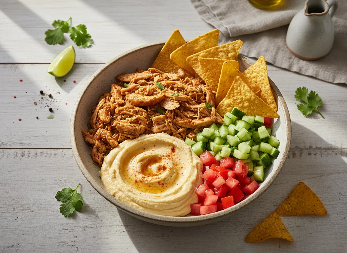 Tigela de frango com homus e salada photo