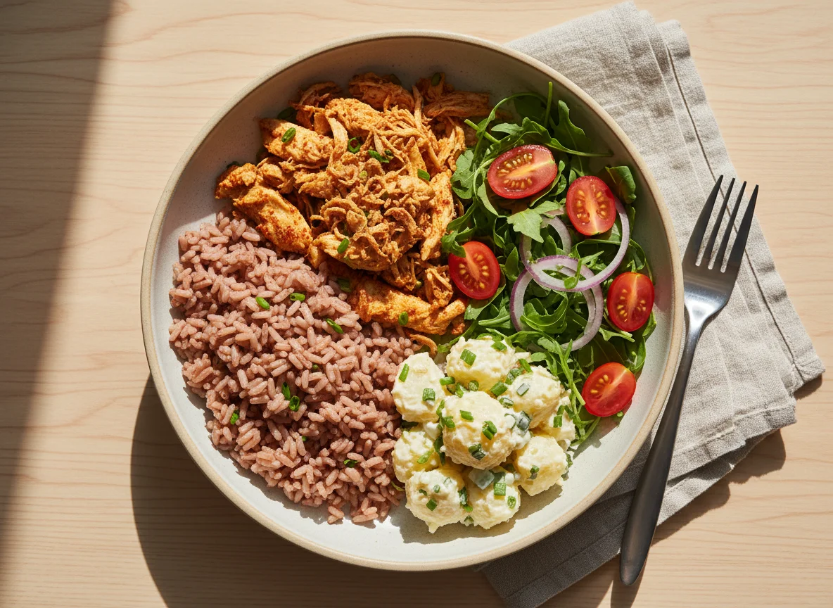 Tigela de frango desfiado com arroz e salada photo