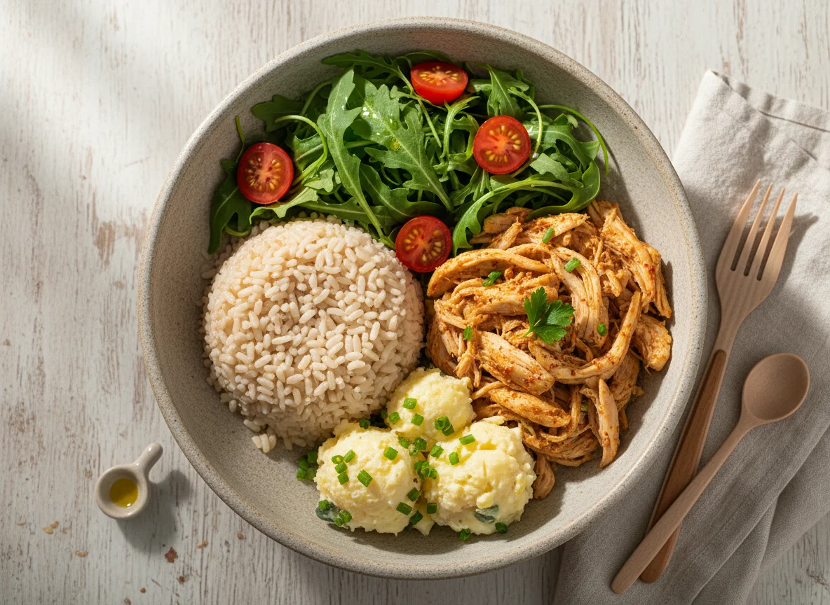 Tigela de frango desfiado com salada e arroz photo