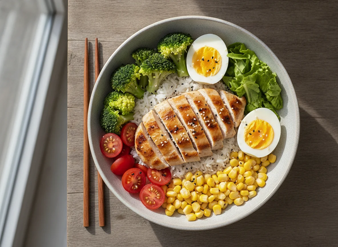 Tigela de frango grelhado com arroz e vegetais photo