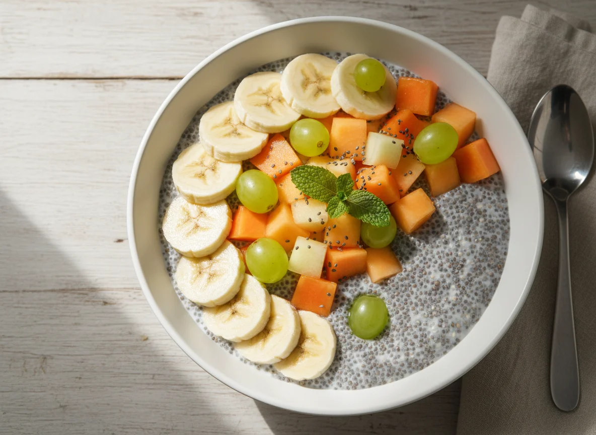 Tigela de frutas com chia photo