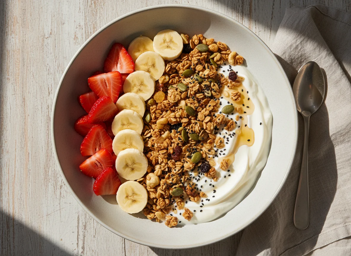 Tigela de frutas com granola e iogurte photo