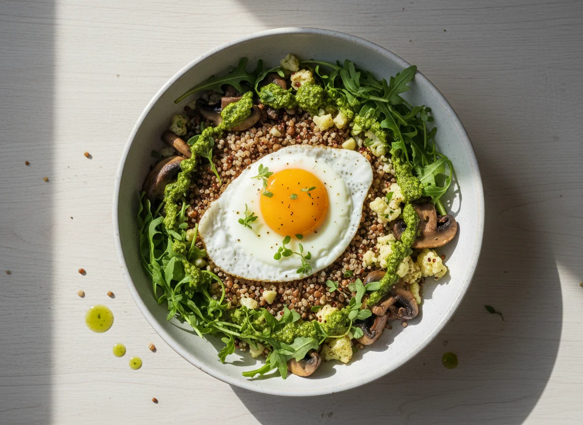 Tigela de grãos com ovo e vegetais photo
