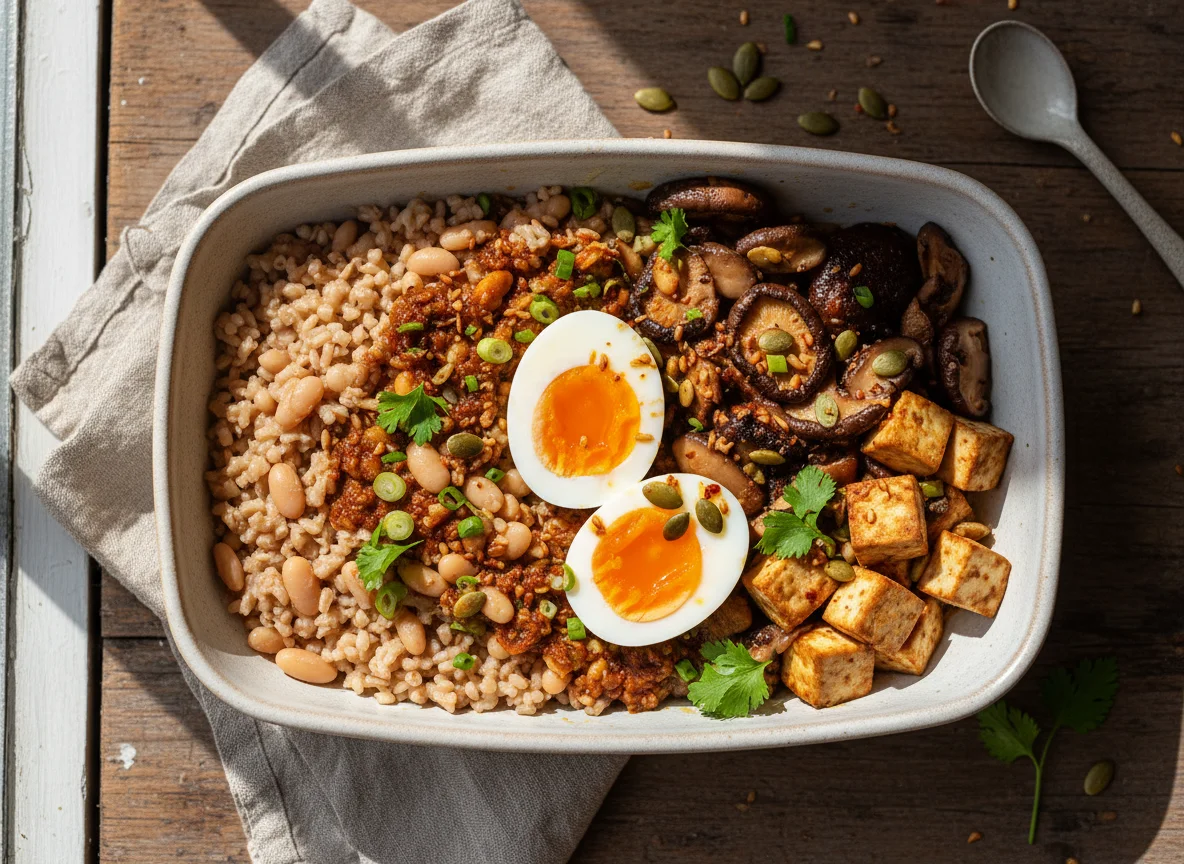 Tigela de grãos e feijão com ovo photo