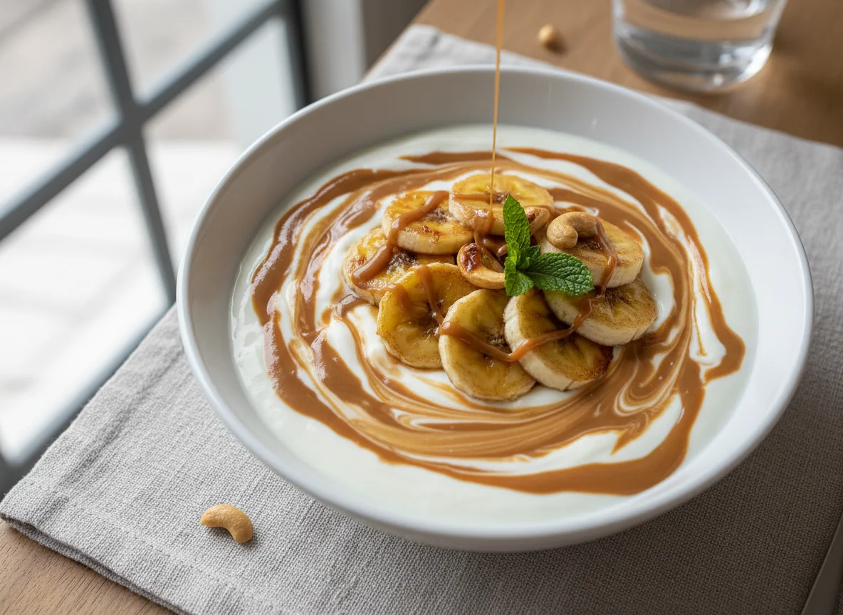 Tigela de iogurte com banana e doce de leite photo