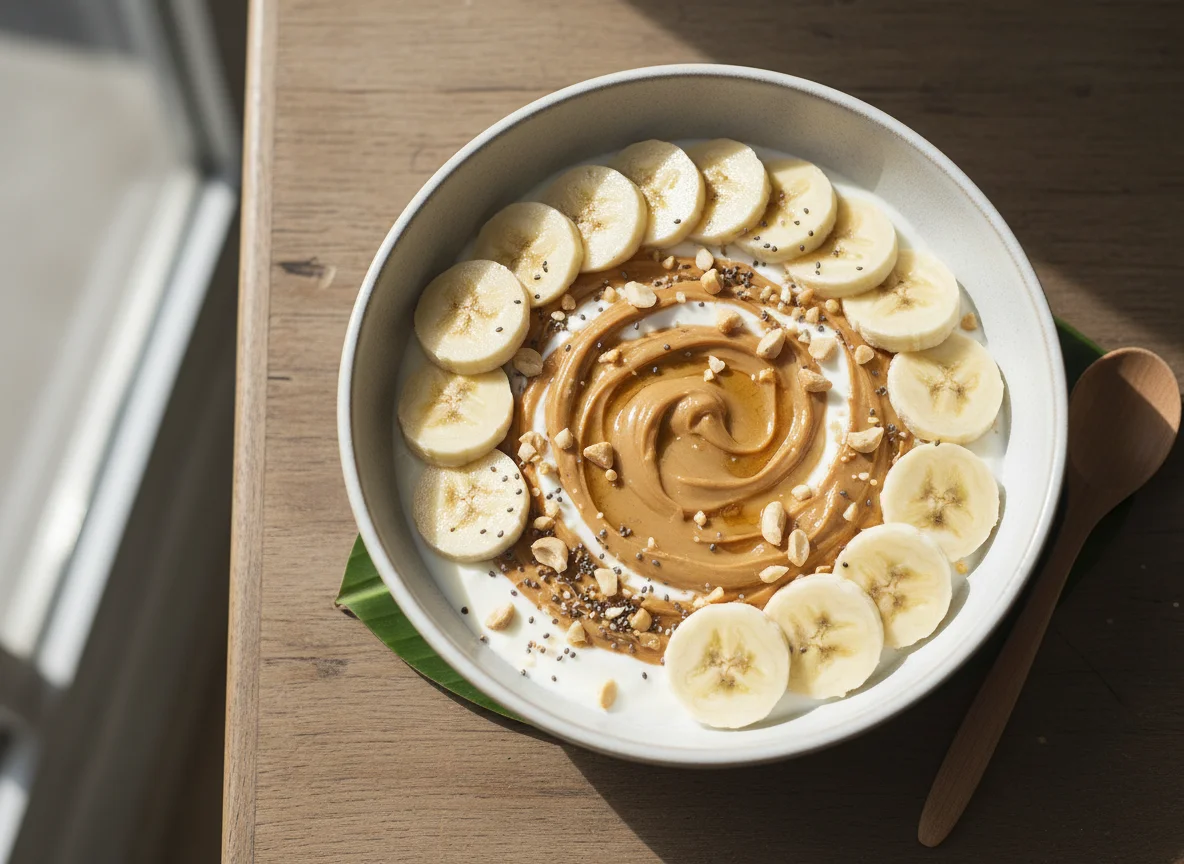 Tigela de iogurte com banana e pasta de amendoim photo