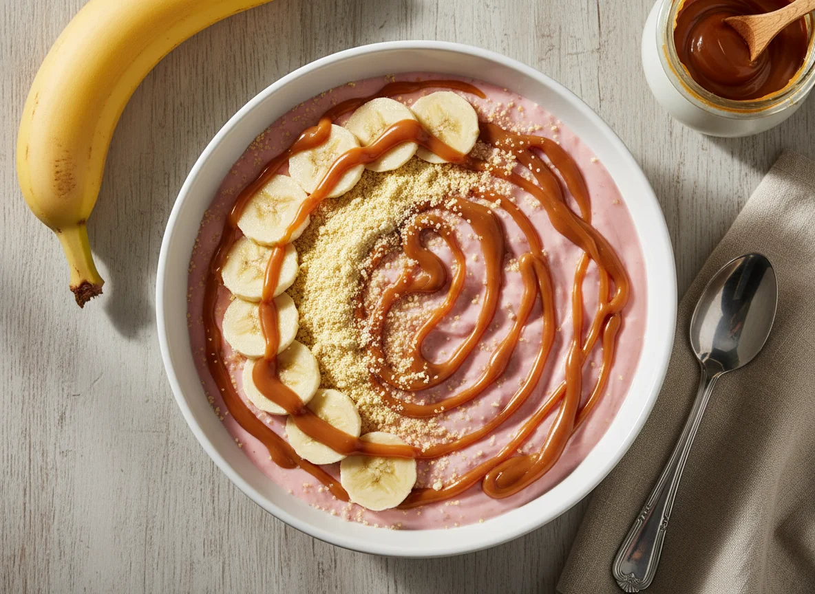 Tigela de iogurte com banana, farinha láctea e doce de leite photo