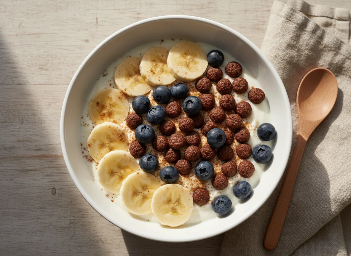 Tigela de iogurte com banana, mirtilos e cereal de chocolate photo