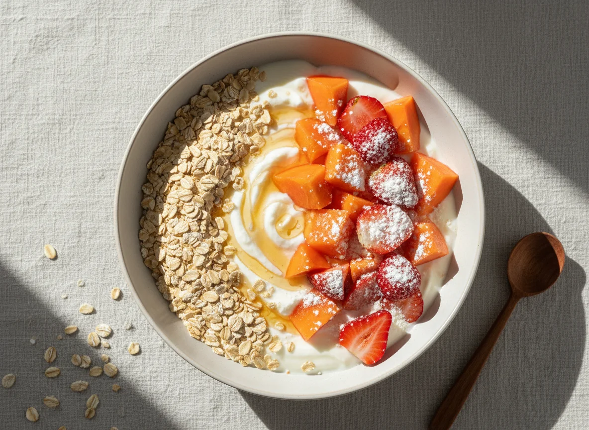 Tigela de iogurte com frutas, aveia e leite em pó photo