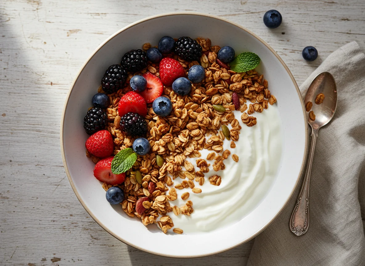 Tigela de iogurte com frutas e granola photo