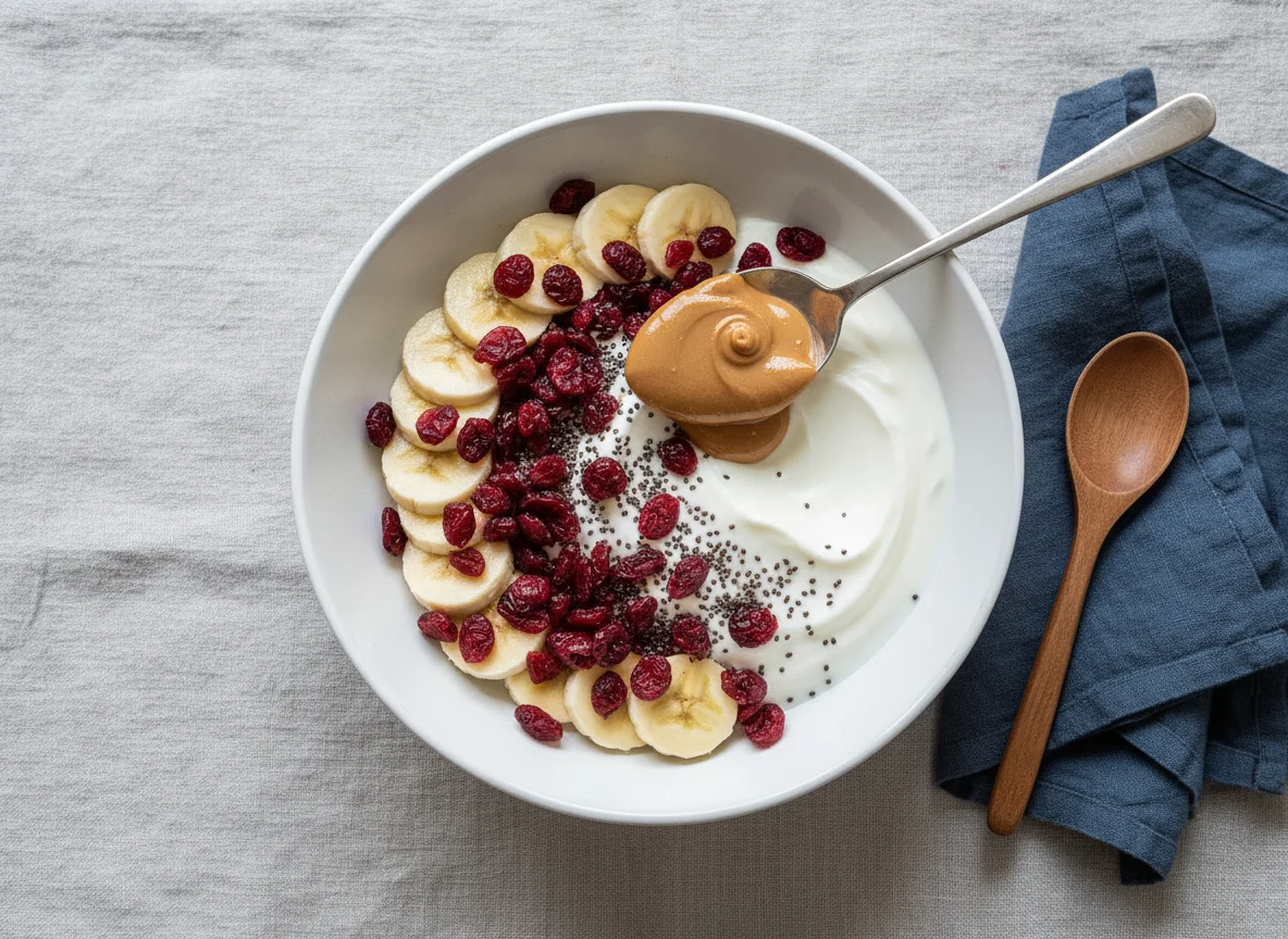Tigela de iogurte com frutas e pasta de amendoim photo