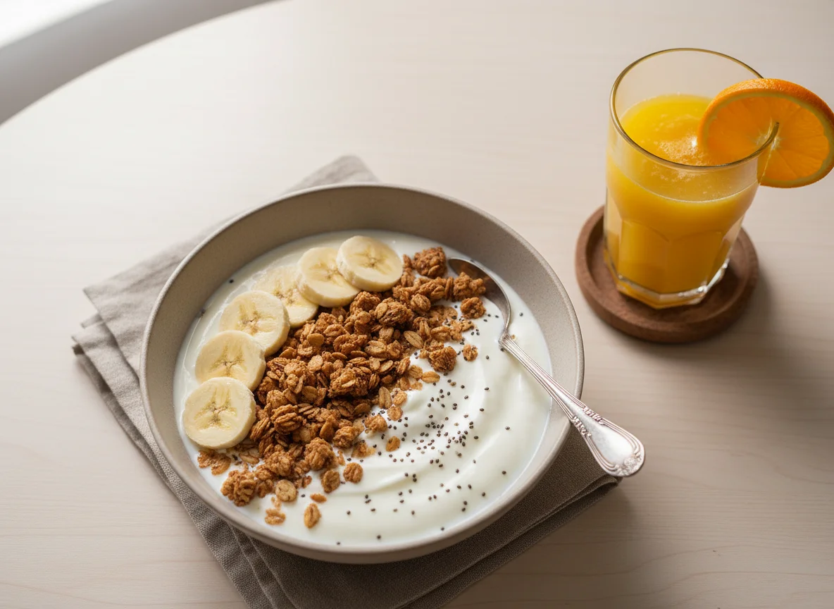 Tigela de iogurte com granola, banana e chia, e suco de laranja photo