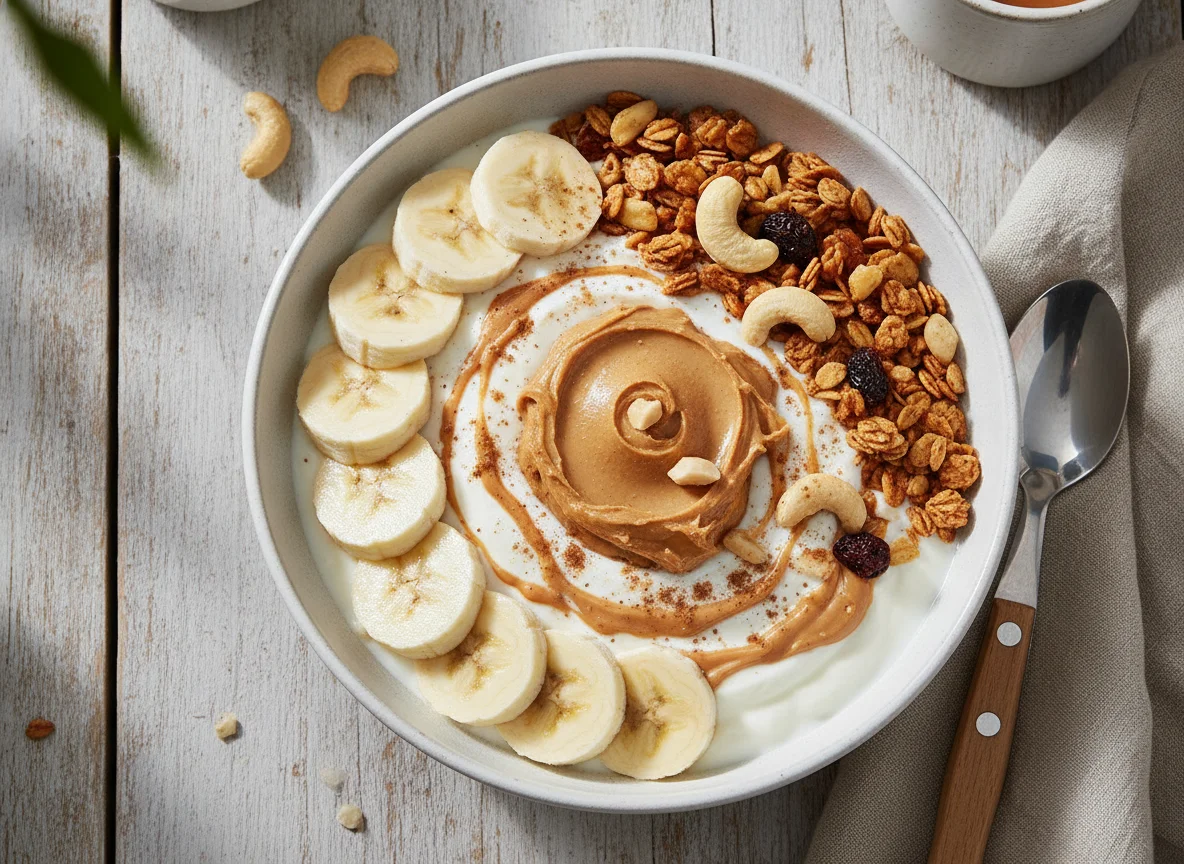 Tigela de iogurte com granola, banana e manteiga de amendoim photo