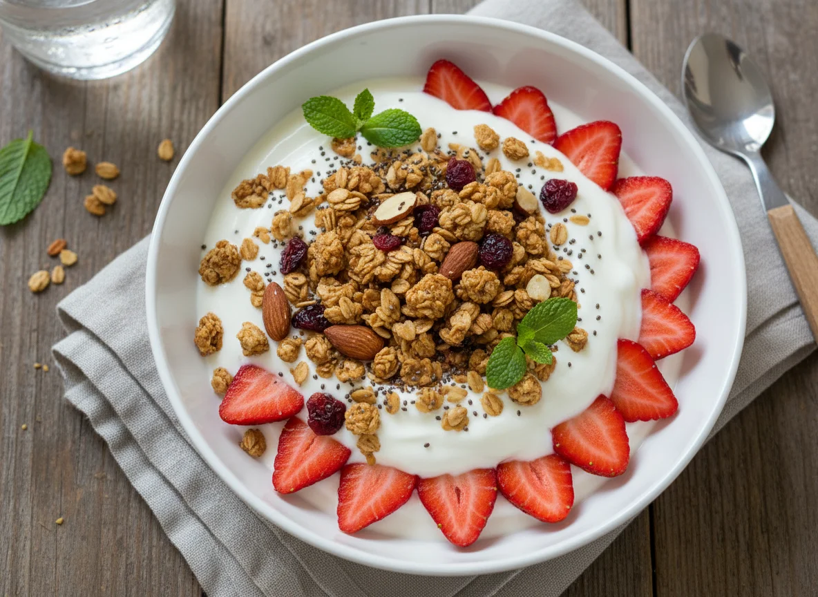 Tigela de iogurte com granola e morangos photo