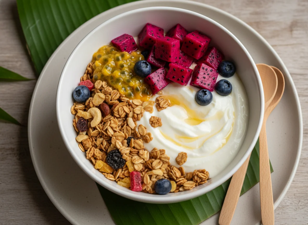 Tigela de iogurte com granola e pitaya photo